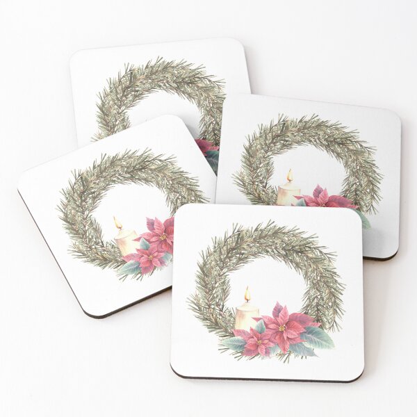 Item preview, Christmas spruce advent wreath with poinsettia flowers and burning candle. Watercolor illustration designed and sold by BartolArt.