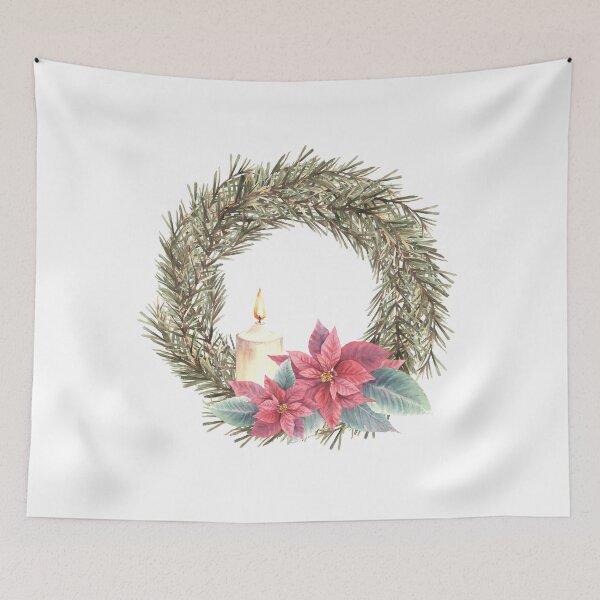 Item preview, Christmas spruce advent wreath with poinsettia flowers and burning candle. Watercolor illustration designed and sold by BartolArt.