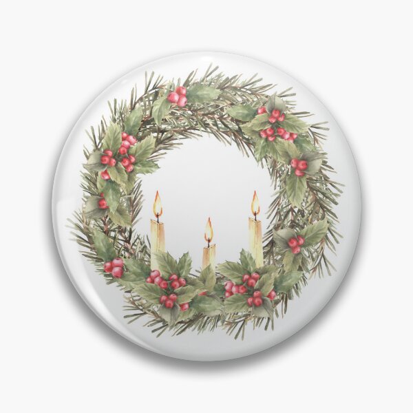 Item preview, Christmas spruce wreath with holly berries red green winter plant and burning candle. Watercolor illustration designed and sold by BartolArt.