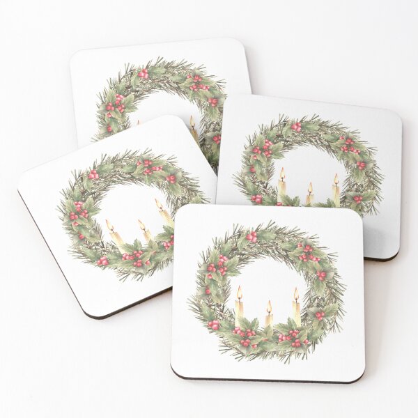Item preview, Christmas spruce wreath with holly berries red green winter plant and burning candle. Watercolor illustration designed and sold by BartolArt.