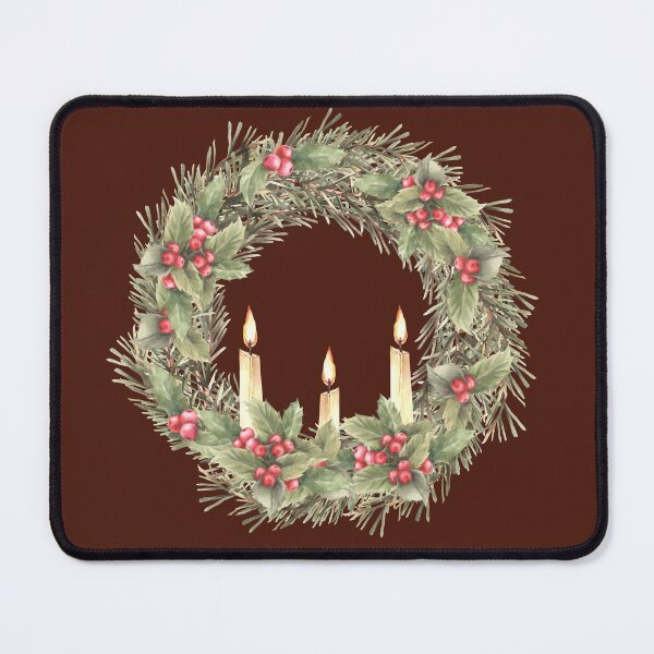 Item preview, Christmas spruce wreath with holly berries red green winter plant and burning candle. Watercolor illustration designed and sold by BartolArt.