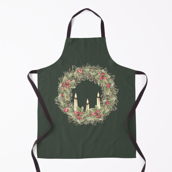 Item preview, Christmas spruce wreath with holly berries red green winter plant and burning candle. Watercolor illustration designed and sold by BartolArt.