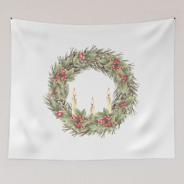Item preview, Christmas spruce wreath with holly berries red green winter plant and burning candle. Watercolor illustration designed and sold by BartolArt.