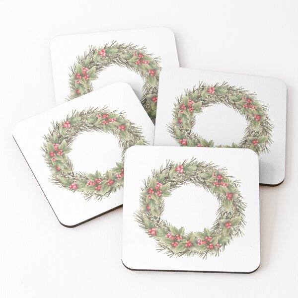 Item preview, Christmas spruce wreath with holly berries red green winter plant. Watercolor illustration designed and sold by BartolArt.