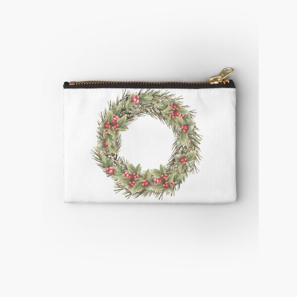 Item preview, Christmas spruce wreath with holly berries red green winter plant. Watercolor illustration designed and sold by BartolArt.
