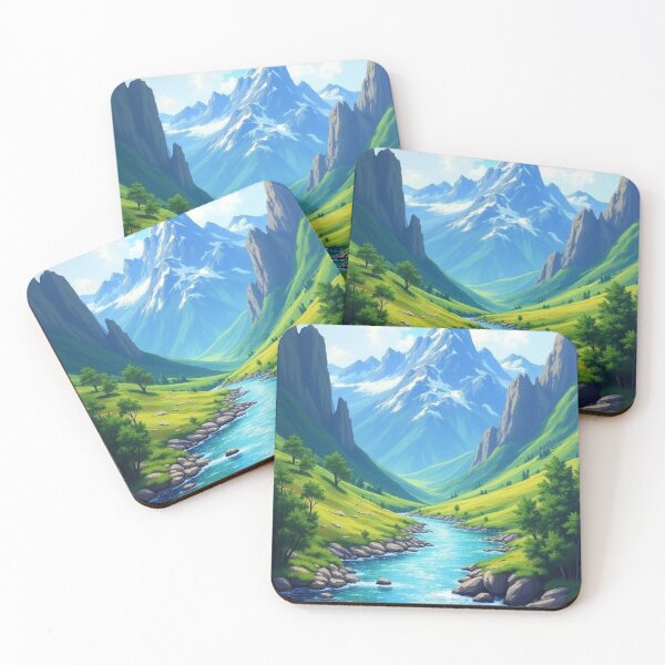 Item preview, Idyllic Mountain Valley Scene with Turquoise River, Snow-Capped Peaks, and Lush Green Meadows – Serene Nature Landscape on a Sunny Day designed and sold by marvinismyname.