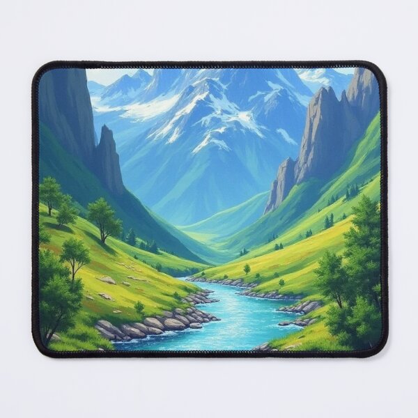 Item preview, Idyllic Mountain Valley Scene with Turquoise River, Snow-Capped Peaks, and Lush Green Meadows – Serene Nature Landscape on a Sunny Day designed and sold by marvinismyname.