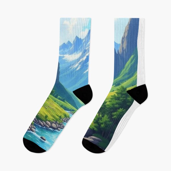 Item preview, Idyllic Mountain Valley Scene with Turquoise River, Snow-Capped Peaks, and Lush Green Meadows – Serene Nature Landscape on a Sunny Day designed and sold by marvinismyname.