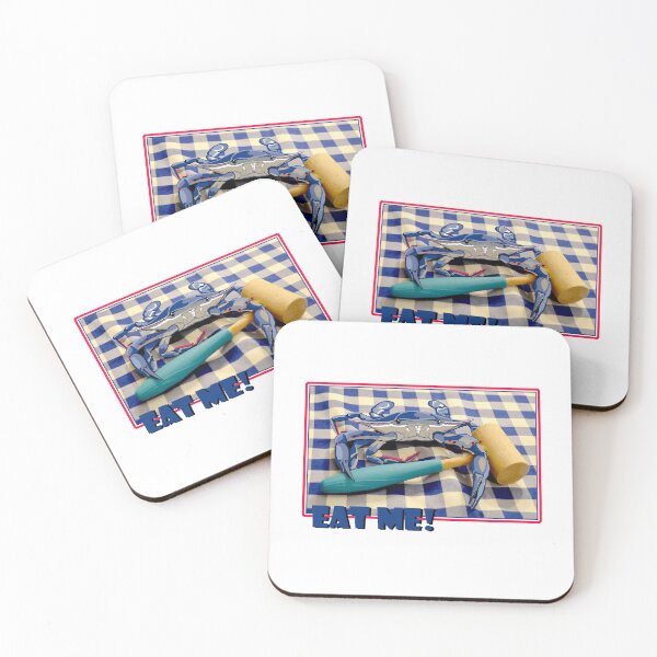 Item preview, Blue Crab drawing with mallet and table cloth photo saying Eat Me designed and sold by laughingwillows.