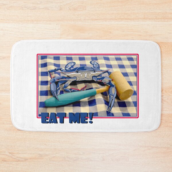 Item preview, Blue Crab drawing with mallet and table cloth photo saying Eat Me designed and sold by laughingwillows.