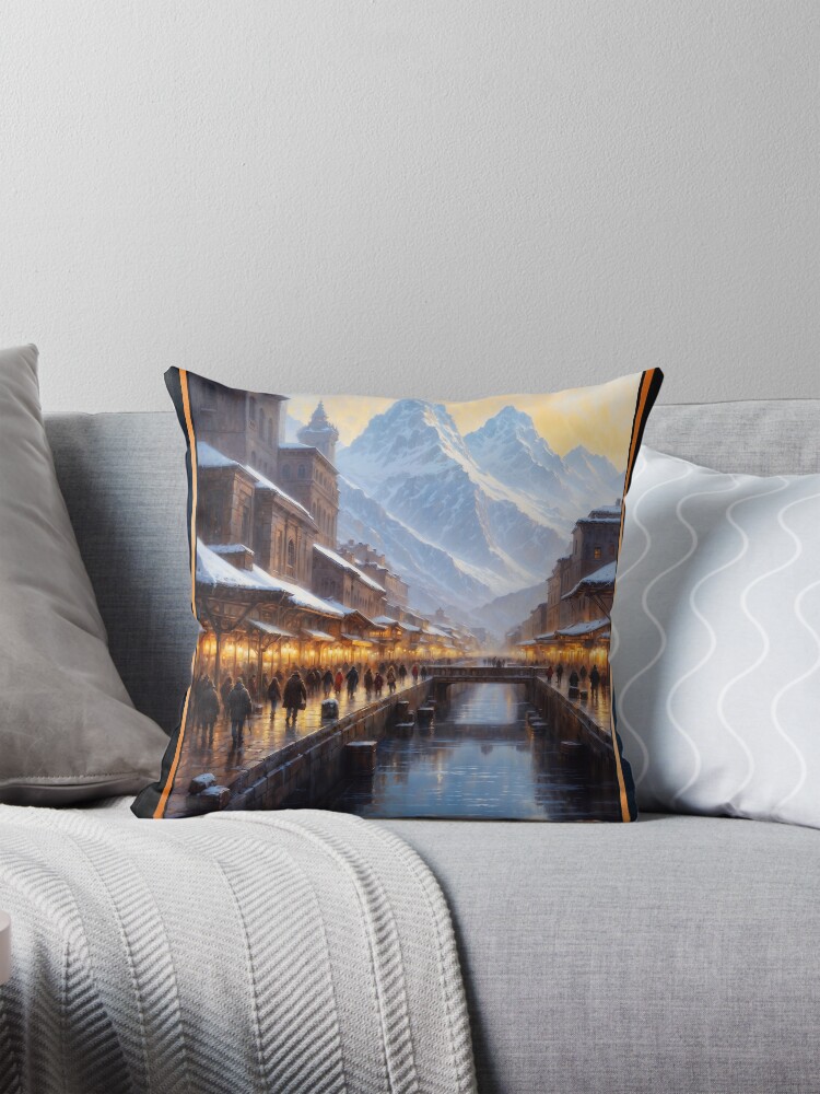 Golden Hour Of A Snow-Covered Town With Distant Towering Mountain Peaks AI Concept Art by Xzendor7 | Captivating Sunset Scene 4 Golden Hour Of A Snow-Covered Town With Distant Towering Mountain Peaks Beautiful AI Concept Art by Xzendor7 Decorative Art Print Throw Pillow