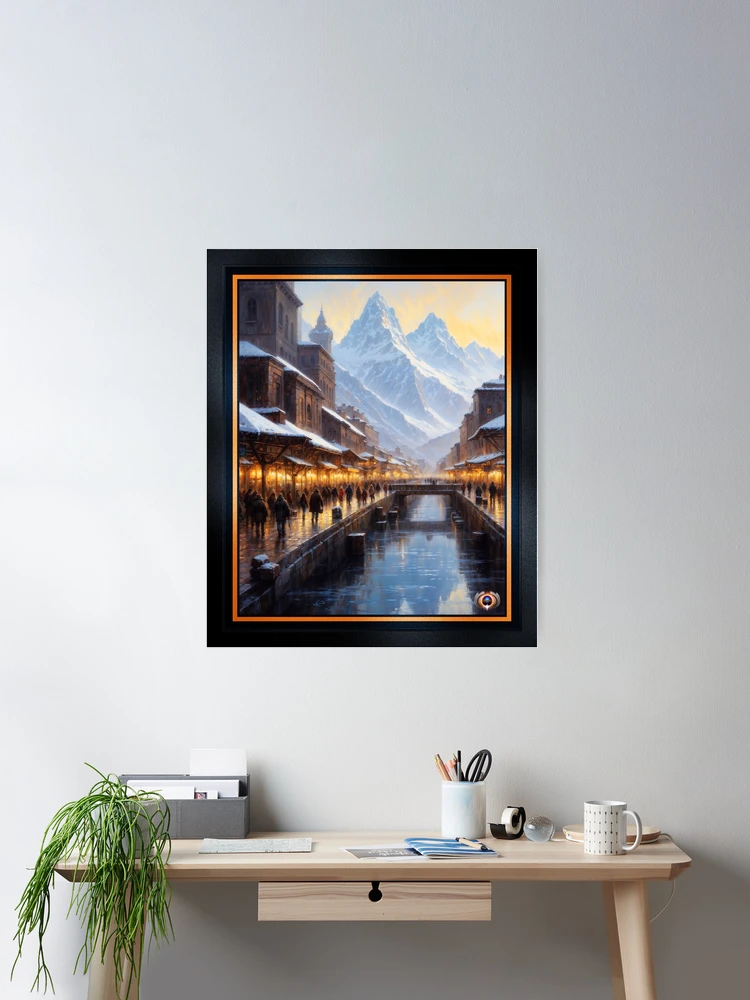 Golden Hour Of A Snow-Covered Town With Distant Towering Mountain Peaks AI Concept Art by Xzendor7 | Captivating Sunset Scene 2 Golden Hour Of A Snow-Covered Town With Distant Towering Mountain Peaks Beautiful AI Concept Art by Xzendor7 Wall Decor Poster Art Print