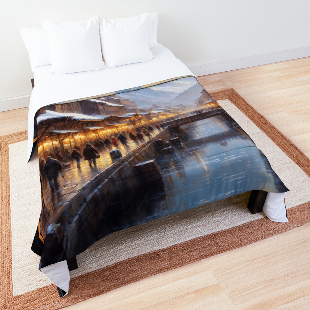 Golden Hour Of A Snow-Covered Town With Distant Towering Mountain Peaks AI Concept Art by Xzendor7 | Captivating Sunset Scene 3 Golden Hour Of A Snow-Covered Town With Distant Towering Mountain Peaks Beautiful AI Concept Art by Xzendor7 Decorative Art Print Comforter