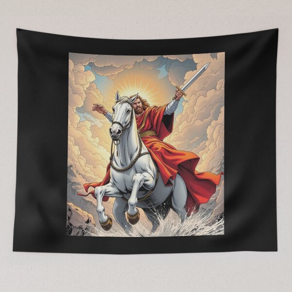Item preview, Jesus, second coming, white horse, sword, clouds, revelation, Bible, comic,  designed and sold by tshirtart2024.