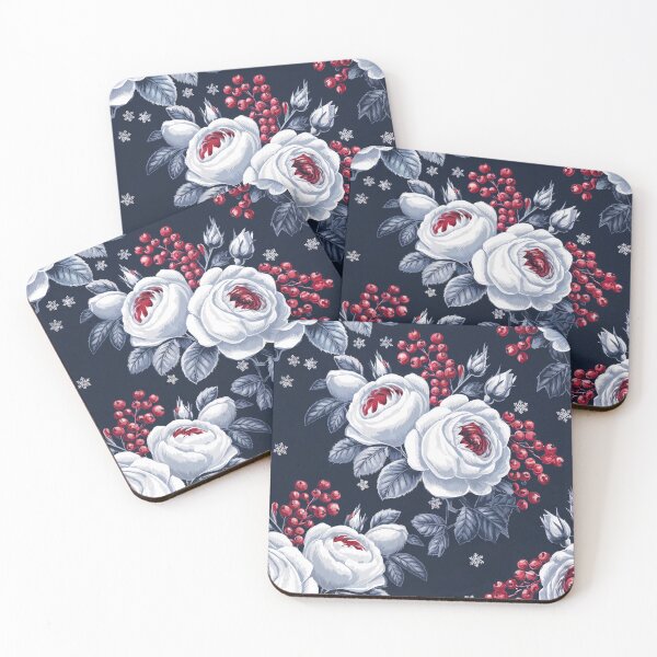 Item preview, Winter Roses and Berries Pattern Print Navy Floral designed and sold by cabana.space.