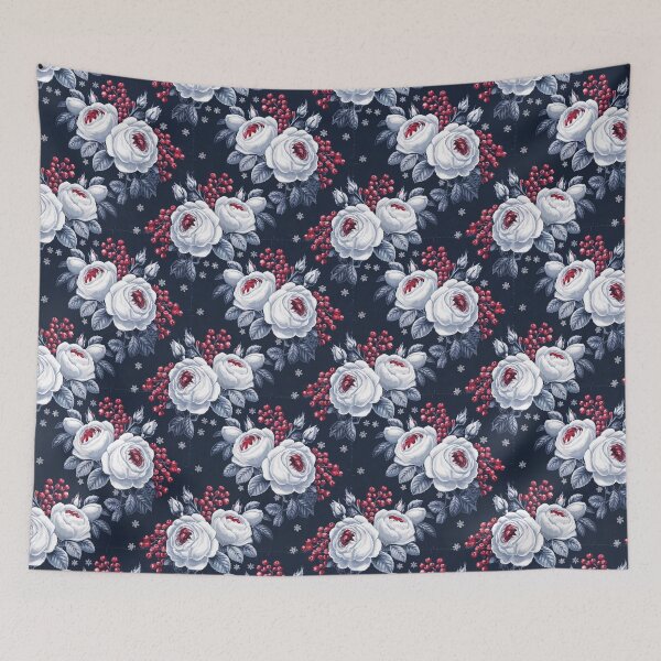 Item preview, Winter Roses and Berries Pattern Print Navy Floral designed and sold by cabana.space.