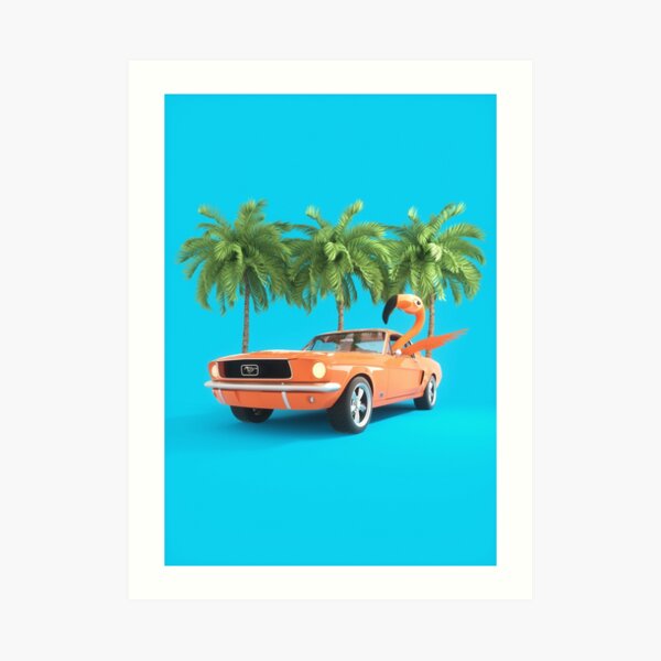Flamo the Flamingo driving a Mustang Art Print