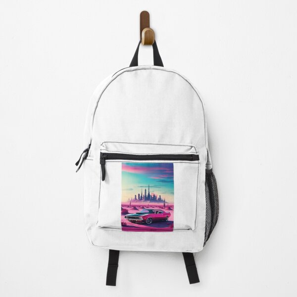 Item preview, Retro Muscle Car in Surreal Futuristic Desert Cityscape – Neon Dystopian Desert Landscape designed and sold by MystiqSlav.