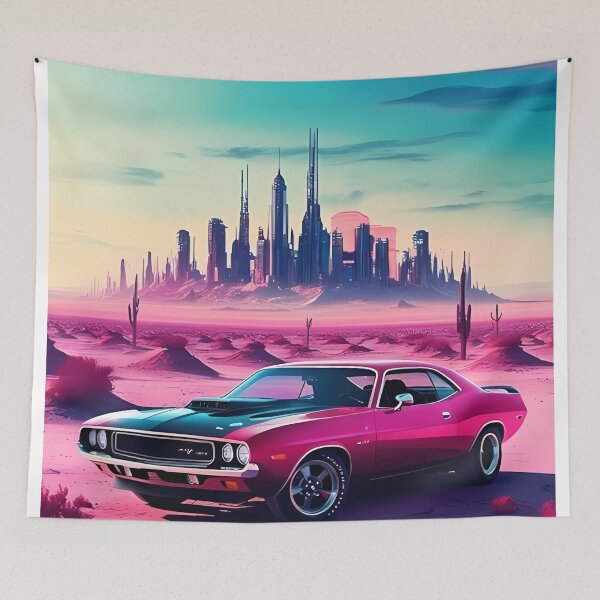 Item preview, Retro Muscle Car in Surreal Futuristic Desert Cityscape – Neon Dystopian Desert Landscape  designed and sold by MystiqSlav.