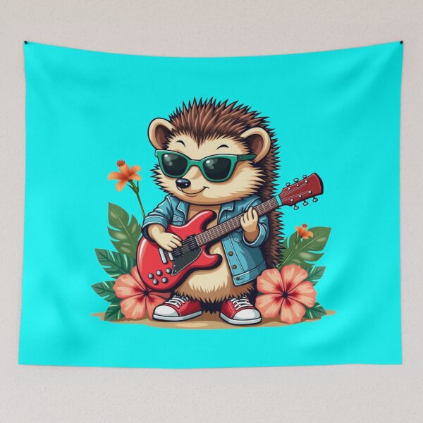 Item preview, Rock Hedgehog in a Denim Jacket: Hawaiian Style and Musical Passion Background: Bright Cyan designed and sold by maritas22.