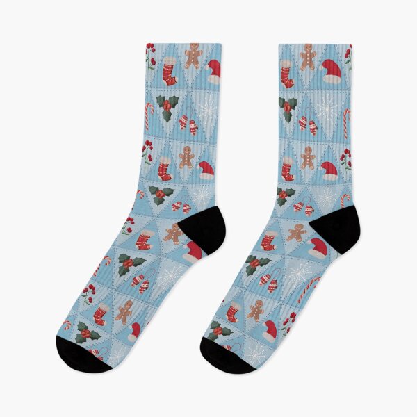 Item preview, Traditional Patchwork Quilting with Beloved Christmas Motifs, soft sky and pastel blue backdrop  designed and sold by IrenicBears.