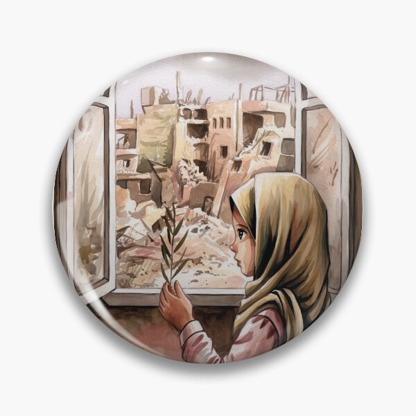 Item preview, palestinian girl holding olive twig looks out of a window in the devastation of gaza designed and sold by Slice Of Seed.