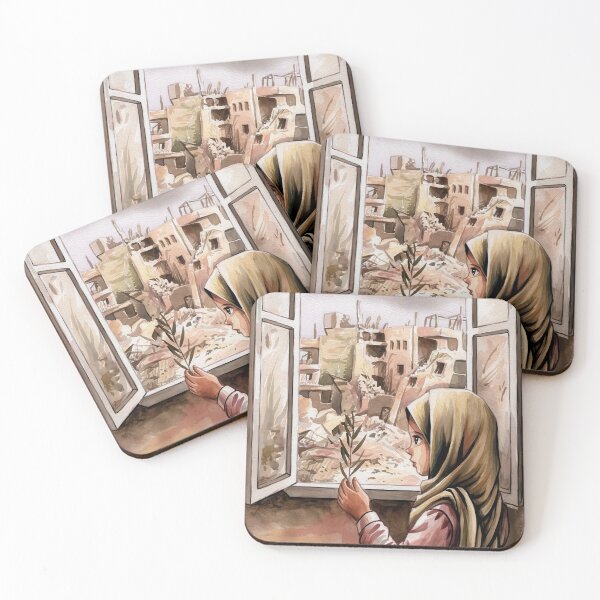 Item preview, palestinian girl holding olive twig looks out of a window in the devastation of gaza designed and sold by Slice Of Seed.