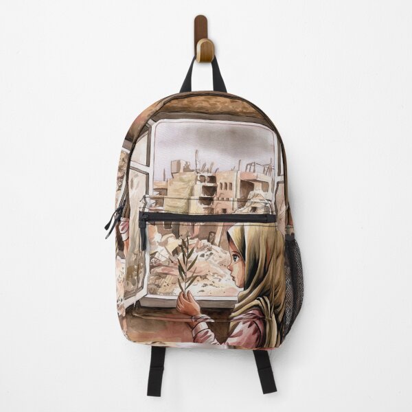 Item preview, palestinian girl holding olive twig looks out of a window in the devastation of gaza designed and sold by Slice Of Seed.