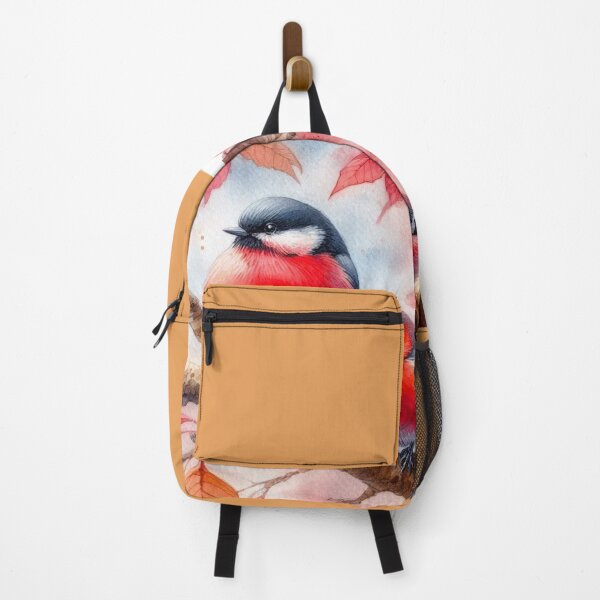 Item preview, Bird with black head, white cheeks and red belly sits on a branch surrounded by autumn leaves designed and sold by FotoworldEdel.