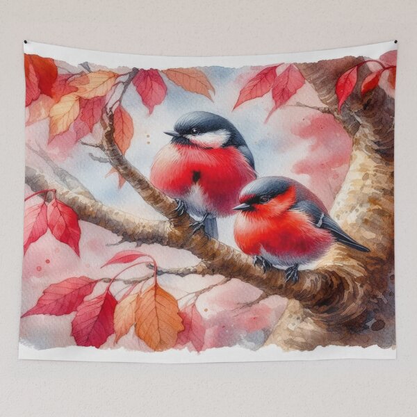 Item preview, Bird with black head, white cheeks and red belly sits on a branch surrounded by autumn leaves designed and sold by FotoworldEdel.