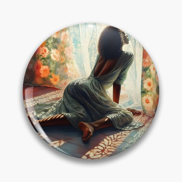 Item preview, black afro woman wearing light dress in front of a curtained window on the wooden flor and the floral patterned shadows are playing oil painting style designed and sold by EmeraldeaArt.