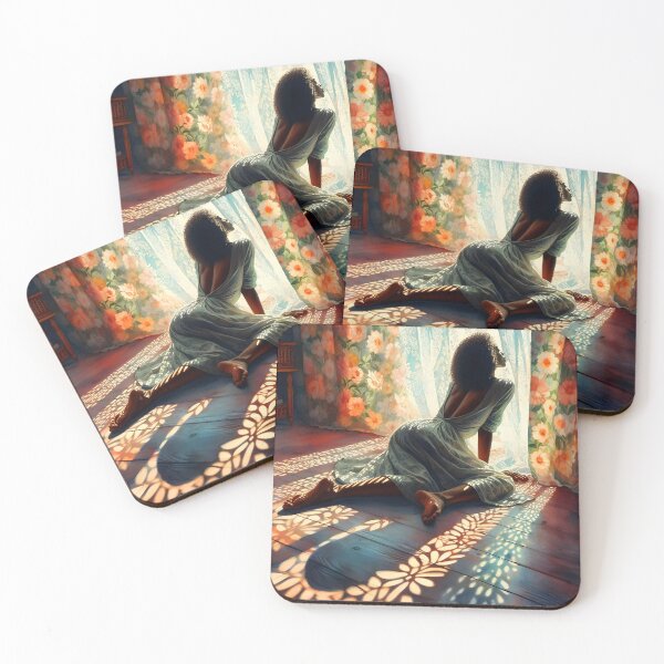 Item preview, black afro woman wearing light dress in front of a curtained window on the wooden flor and the floral patterned shadows are playing oil painting style designed and sold by EmeraldeaArt.