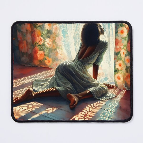 Item preview, black afro woman wearing light dress in front of a curtained window on the wooden flor and the floral patterned shadows are playing oil painting style designed and sold by EmeraldeaArt.