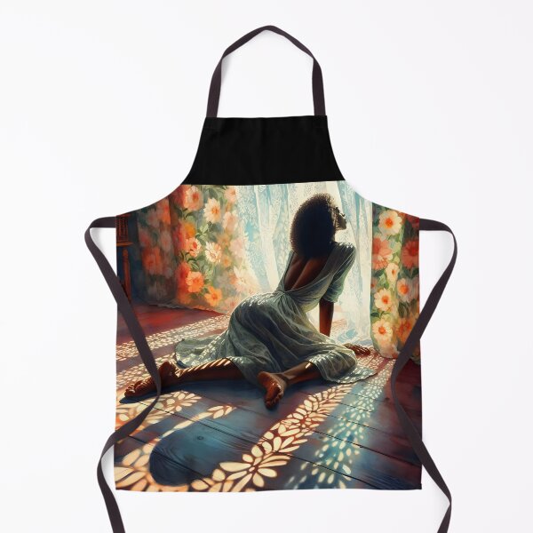 Item preview, black afro woman wearing light dress in front of a curtained window on the wooden flor and the floral patterned shadows are playing oil painting style designed and sold by EmeraldeaArt.