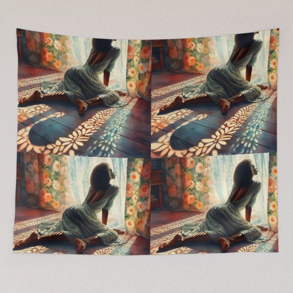 Item preview, black afro woman wearing light dress in front of a curtained window on the wooden flor and the floral patterned shadows are playing oil painting style designed and sold by EmeraldeaArt.