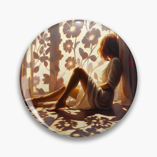Item preview, Reddish hair woman sitting in a floral curtained window where the shadows are playing on the floor and on her oil painting style designed and sold by EmeraldeaArt.