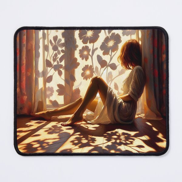 Item preview, Reddish hair woman sitting in a floral curtained window where the shadows are playing on the floor and on her oil painting style designed and sold by EmeraldeaArt.