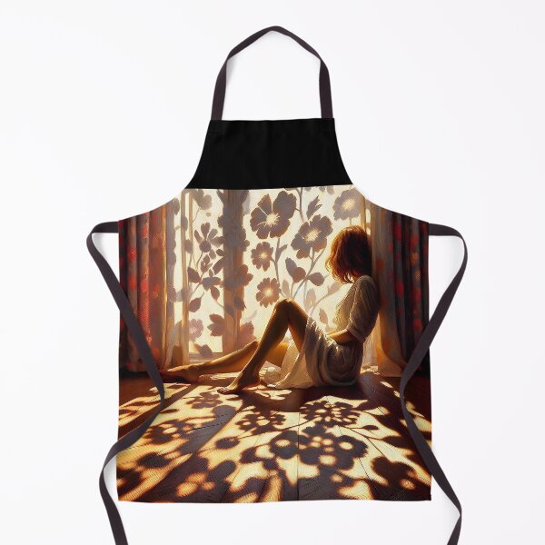Item preview, Reddish hair woman sitting in a floral curtained window where the shadows are playing on the floor and on her oil painting style designed and sold by EmeraldeaArt.
