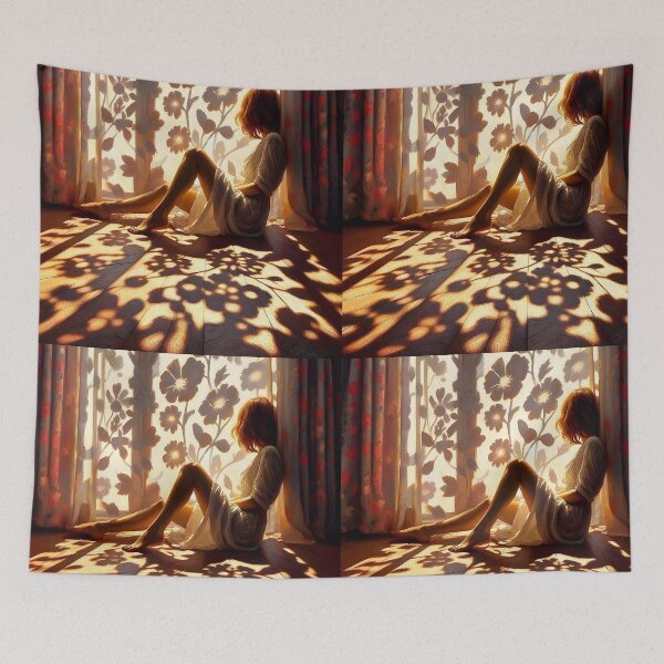 Item preview, Reddish hair woman sitting in a floral curtained window where the shadows are playing on the floor and on her oil painting style designed and sold by EmeraldeaArt.