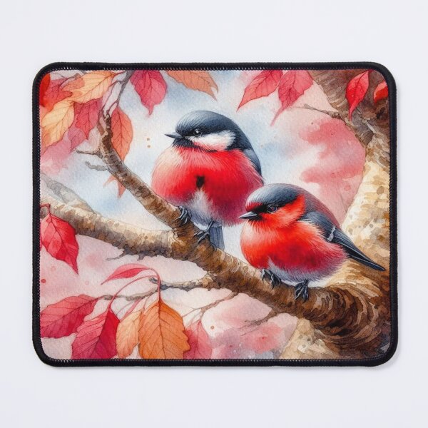 Item preview, Bird with black head, white cheeks and red belly sits on a branch surrounded by autumn leaves designed and sold by FotoworldEdel.