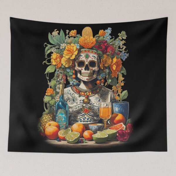 Item preview, Elegant Mexican Día de los Muertos Skull with Floral and Citrus Accents designed and sold by DrawHandArt.