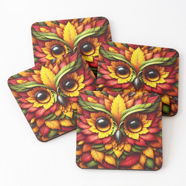 Item preview, owl face made by autumn leaves cute bird art designed and sold by EmeraldeaArt.