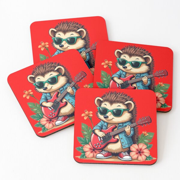 Item preview, Hedgehog Playing Red Guitar – Hawaiian Style with Green Sunglasses, Denim Jacket, and Bold Red Background designed and sold by maritas22.