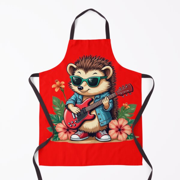 Item preview, Hedgehog Playing Red Guitar – Hawaiian Style with Green Sunglasses, Denim Jacket, and Bold Red Background designed and sold by maritas22.