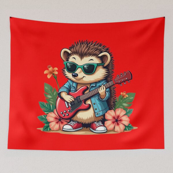 Item preview, Hedgehog Playing Red Guitar – Hawaiian Style with Green Sunglasses, Denim Jacket, and Bold Red Background designed and sold by maritas22.