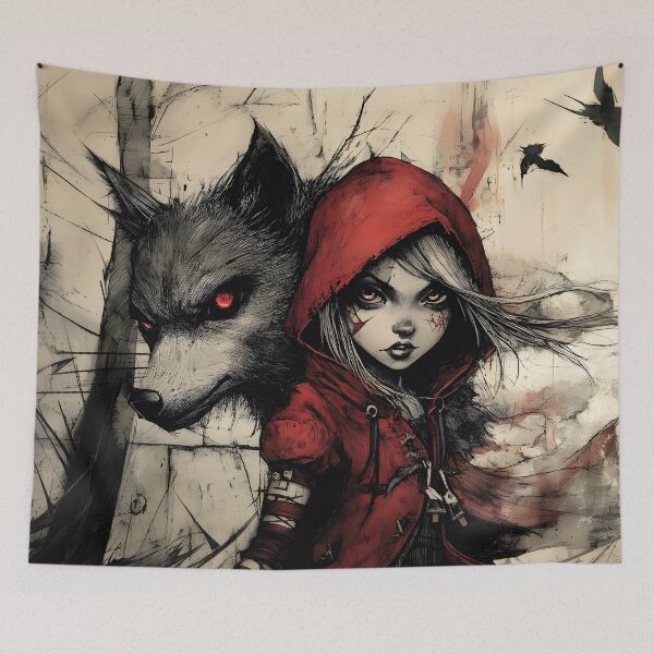 Item preview, Dark Red Riding Hood and Wolf - Gothic Fairytale Art designed and sold by Playing In Mud.