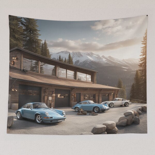 Item preview, Mountain Porsche Workshop: Vintage Cars in Scenic Landscape designed and sold by DesignToWay.