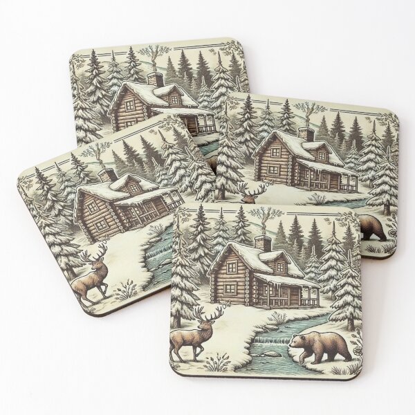 Item preview, Vintage Winter Cabin with Deer and Bear designed and sold by gleefulme.