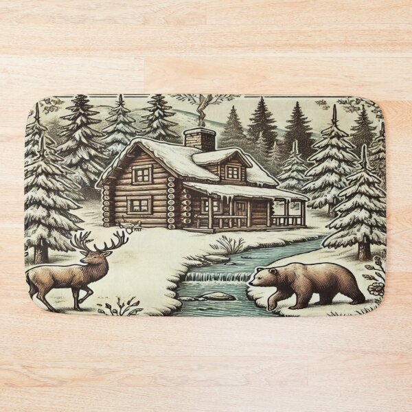Item preview, Vintage Winter Cabin with Deer and Bear designed and sold by gleefulme.