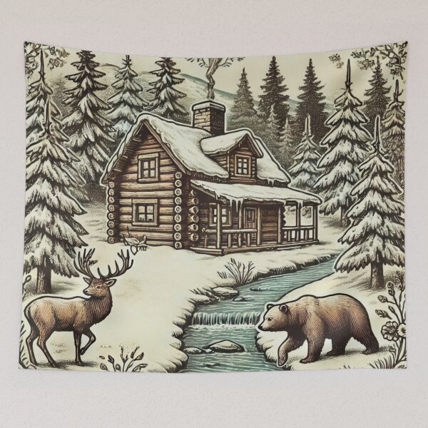 Item preview, Vintage Winter Cabin with Deer and Bear designed and sold by gleefulme.